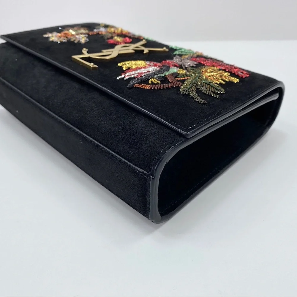 YSL Yves Saint Laurent Monogram Kate Chain Bag Black Suede Embroidered - Picture 4 of 7